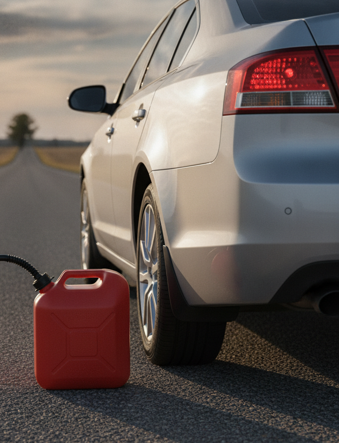 car fuel delivery - jerry can beside a stranded car. no other items